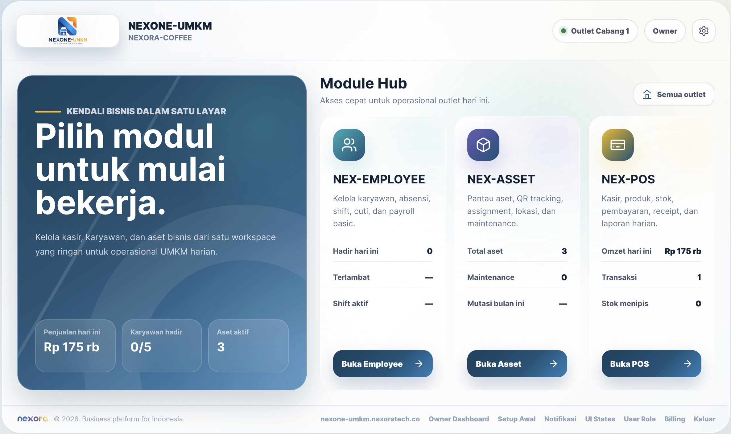 Module Hub – Dashboard utama NEXONE-UMKM